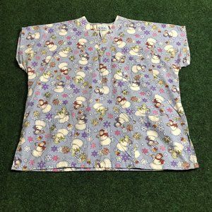 J.I.T. Scrubs Women's Snowman Christmas Medical Uniform Scrub Top Size L